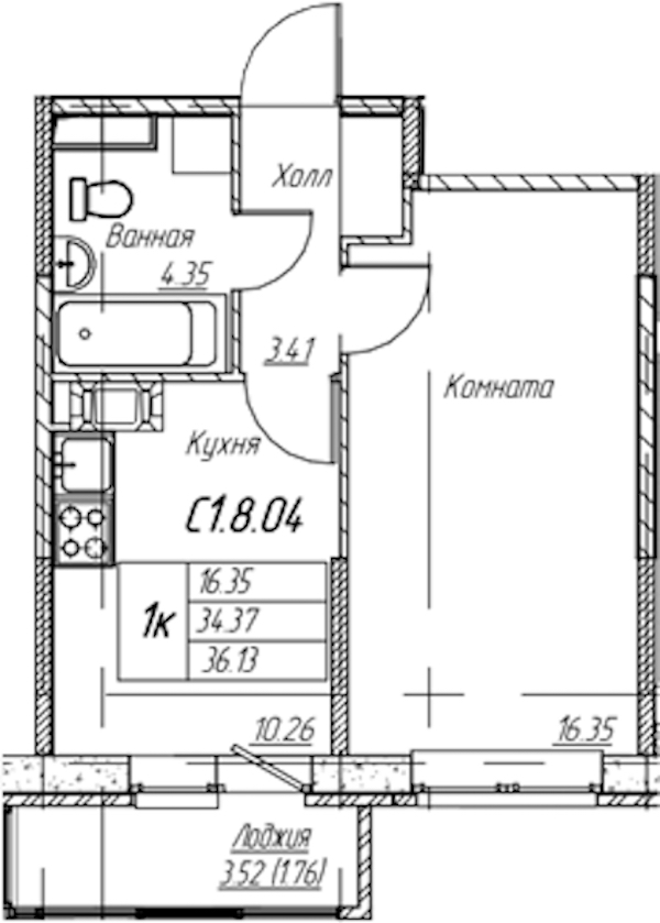 1-комнатная квартира 36.13 м², 8/22 эт., ЖК «Парк-квартал Юнтолово»